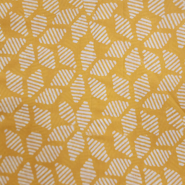 (Per-cut 1.90 Meter) Pure Cotton Discharge Yellow With White Intricate Design Flower Hand Block Print Fabric