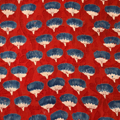Pure Cotton Doby Dabu Red With Blue Flower Motif Hand Block Print Fabric