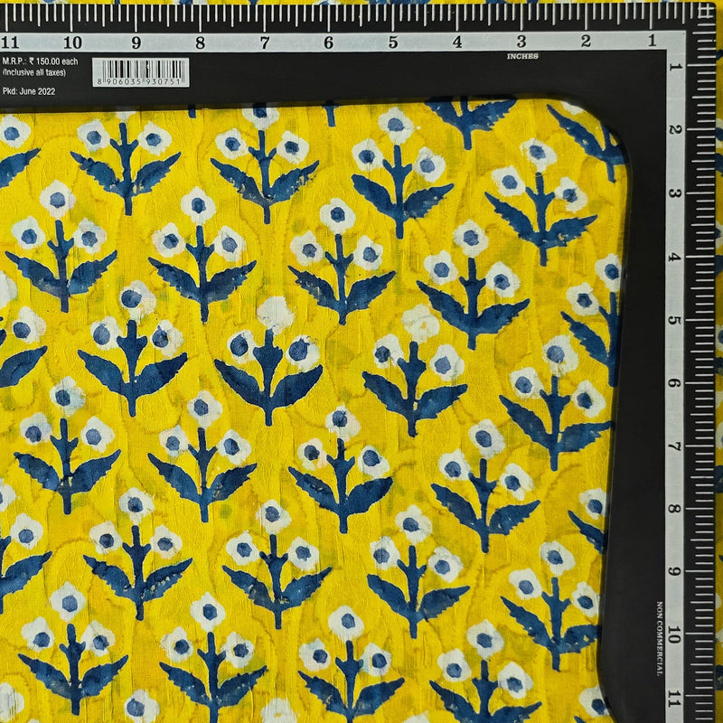 Pure Cotton Doby Dabu Yellow With White And Blue Plant Motif  Hand Block Print Fabric