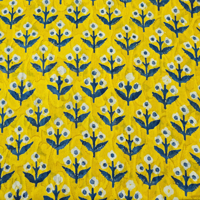Pure Cotton Doby Dabu Yellow With White And Blue Plant Motif  Hand Block Print Fabric