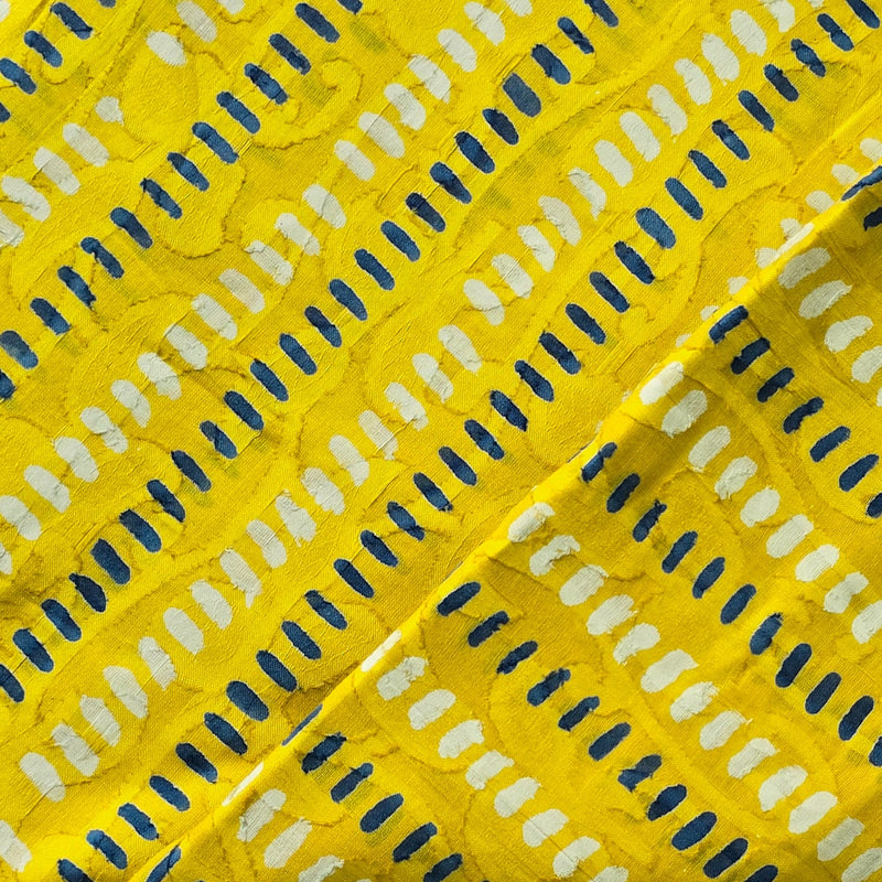 Pure Cotton Doby Dabu Yellow With White And Blue Dash Stripes Hand Block Print Fabric