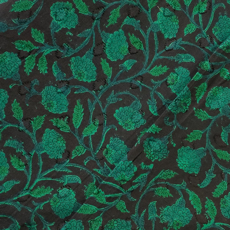 Pure Cotton Doby Dabu Black With Dark Green With Flower Jaal Hand Block Print Fabric