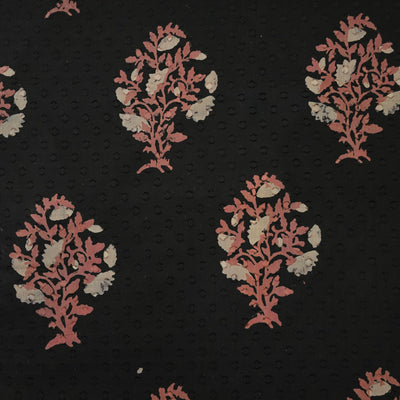Pure Cotton Doby Dabu Black With Light Pink Rose Big Motif Hand Block Print Fabric