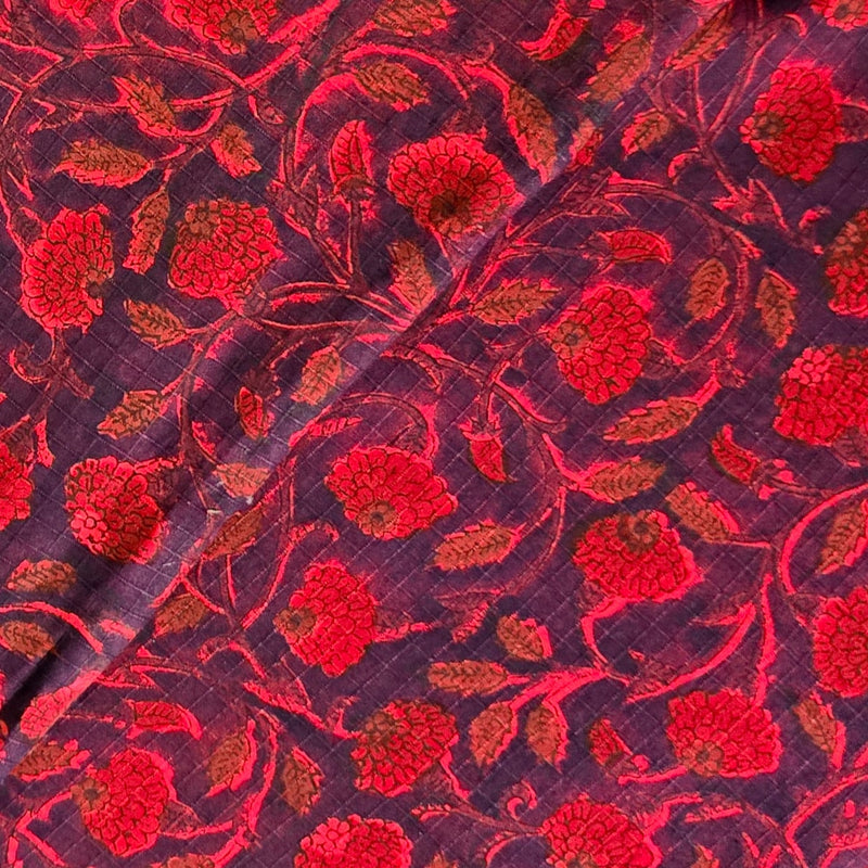 Pure Cotton Doby Dabu Black With Red Flower Jaal Hand Block Print Fabric