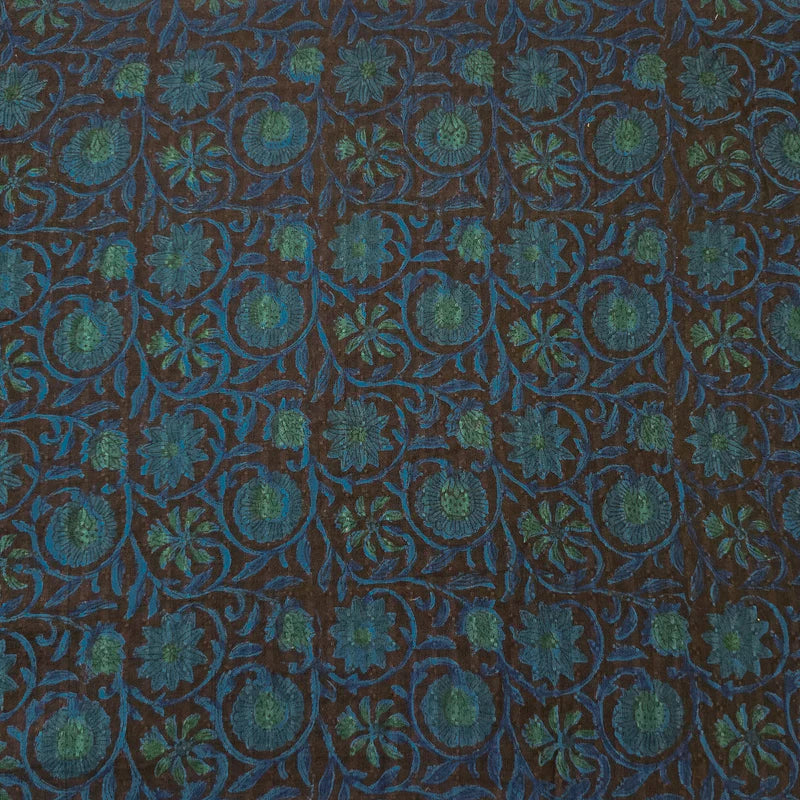 (Pre-Cut 0.80 Meter) Pure Cotton Doby Dabu Black With Teal Blue Flower ...