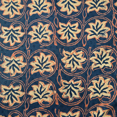 Pure Cotton Doby Dabu Blue With  Cream Flowers Jaal Hand Block Print Fabric