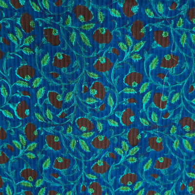 Pure Cotton Doby Dabu Blue With Dark Brown Flower And Green Jaal Hand Block Print Fabric