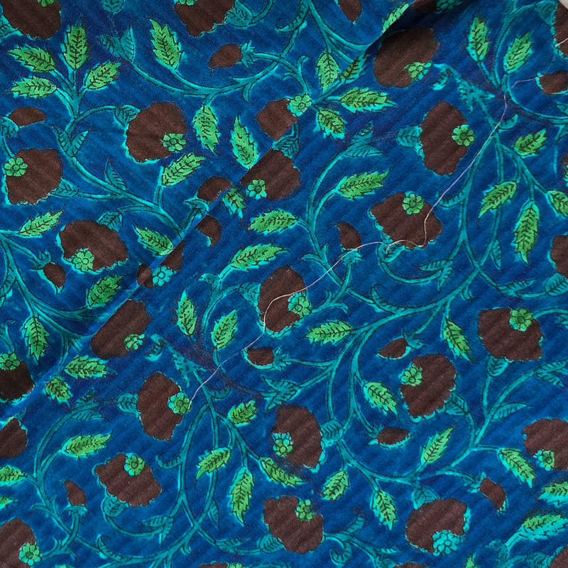 Pure Cotton Doby Dabu Blue With Dark Brown Flower And Green Jaal Hand Block Print Fabric