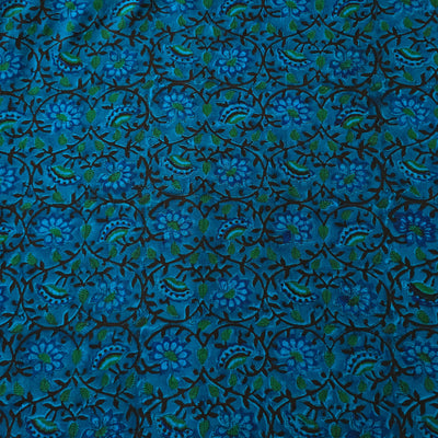 Pure Cotton Doby Dabu Blue With Green, Black Small Flower Jaal Hand Block Print Fabric