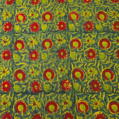 Pure Cotton Doby Dabu  Mehendi Green With Red And Yellow Flower Jaal Hand Block Print Fabric