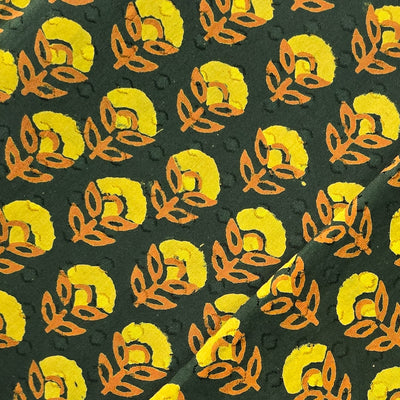 Pure Cotton Doby Dabu Dark Green With Yellow And Orange Flower Buds  Hand Block Print Fabric