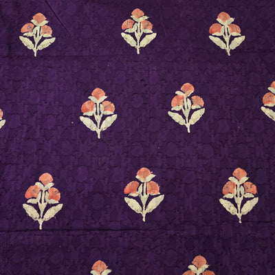 Pure Cotton Doby Dabu Dark Purple With Orange Cream Big Flower Motif Hand Block Print Fabric