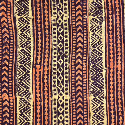 Pure Cotton Doby Dabu Dark Purple With Orange Cream Intricate Stripes Hand Block Print Fabric