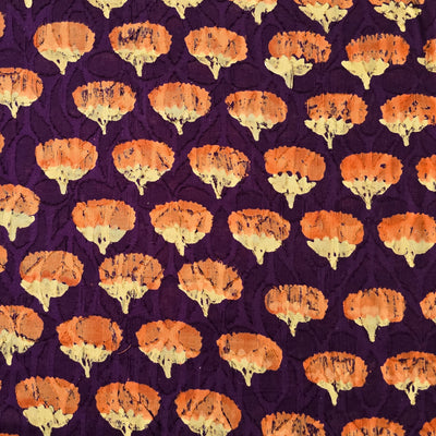Pure Cotton Doby Dabu Dark Purple With Orange Flower Motif Hand Block Print Fabric