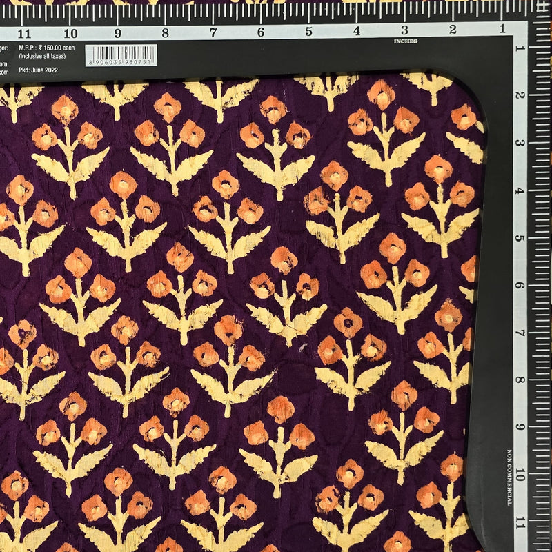 Pure Cotton Doby Dabu Dark Purple With Orange Cream Plant Motif Hand Block Print Fabric