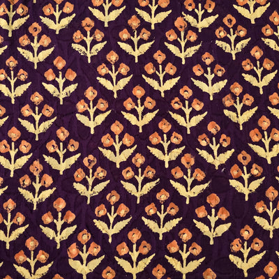 Pure Cotton Doby Dabu Dark Purple With Orange Cream Plant Motif Hand Block Print Fabric