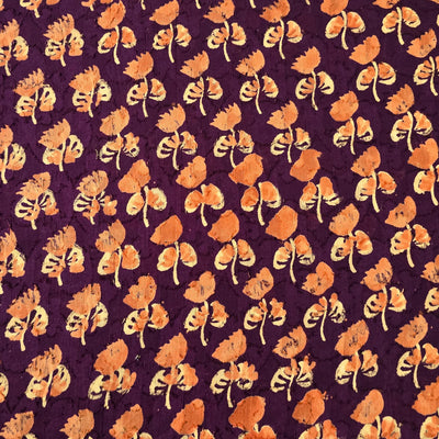 Pure Cotton Doby Dabu Dark Purple With Orange Shy Flower Hand Block Print Fabric