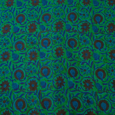 Pure Cotton Doby Dabu Green With Black And Blue Flower  Jaal Hand Block Print Fabric