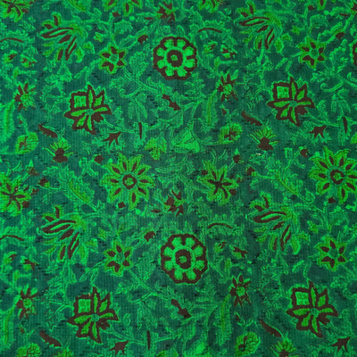 Pure Cotton Doby Dabu Green With Black Flowers And Light Green Leaves Jaal Hand Block Print Fabric