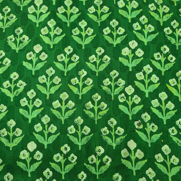 Pure Cotton Doby Dabu Green With Cream Flowers  Motif Hand Block Print Fabric
