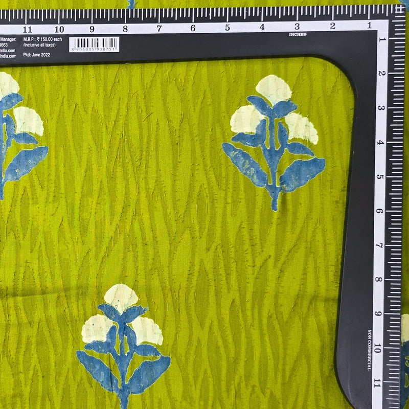 Pure Cotton Doby Dabu Light Green With Cream Blue Big Flower Motif Hand Block Print Fabric
