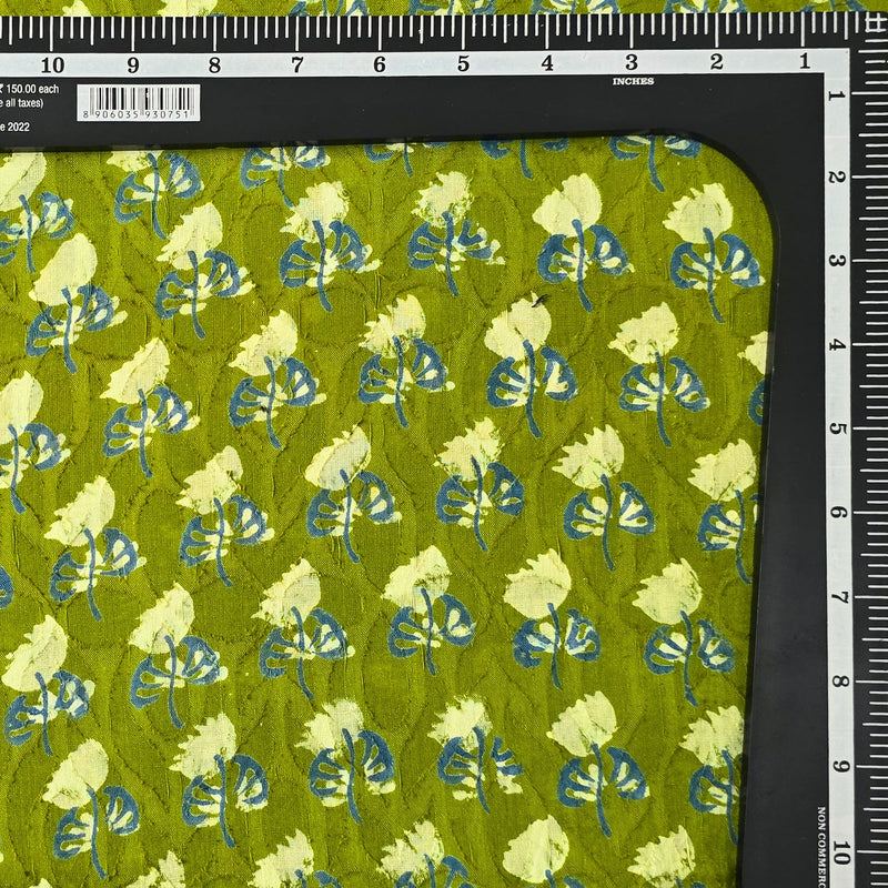 Pure Cotton Doby Dabu Light Green With Cream Blue Shy Flower Hand Block Print Fabric