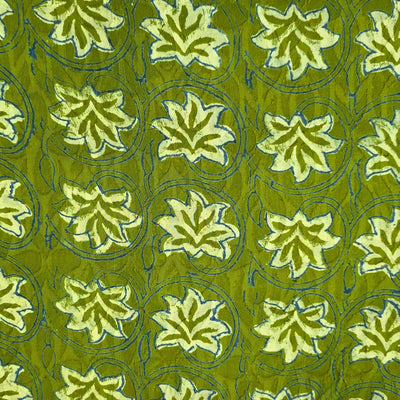 Pure Cotton Doby Dabu Light Green With Cream Flower And Blue Jaal Hand Block Print Fabric