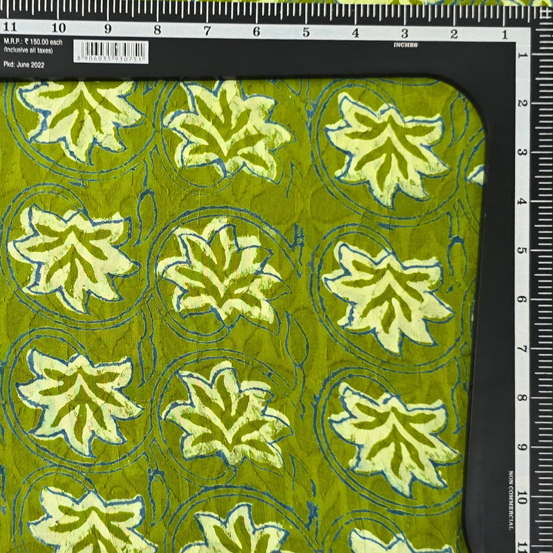 Pure Cotton Doby Dabu Light Green With Cream Flower And Blue Jaal Hand Block Print Fabric