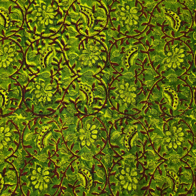 Pure Cotton Doby Dabu Light Green With Red  Small Flower Jaal Hand Block Print Fabric