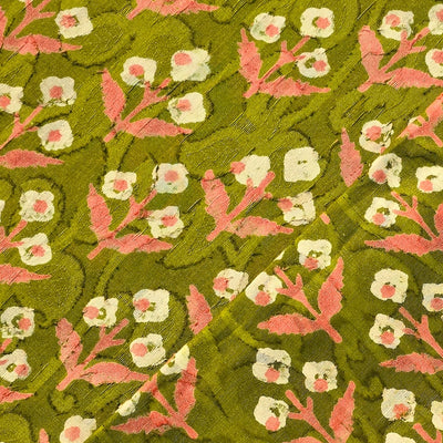 Pure Cotton Doby Dabu Mahindi Green With Cream And Pink Flowers  Motif Hand Block Print Fabric