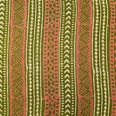 Pure Cotton Doby Dabu Mahindi Green With Pink Border Intricate Design Hand Block Print Fabric