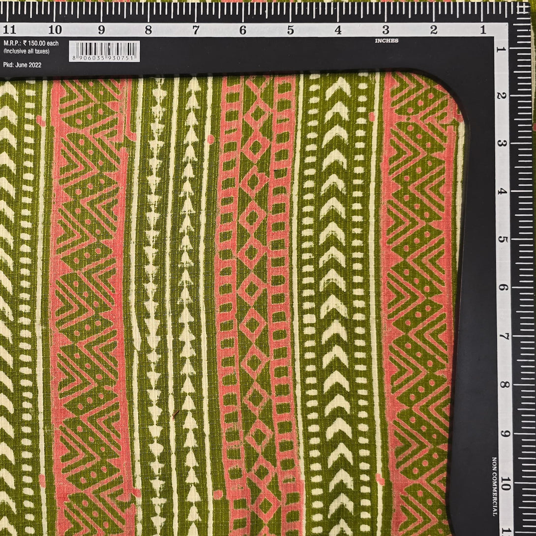 Pure Cotton Doby Dabu Mahindi Green With Pink Border Intricate Design ...