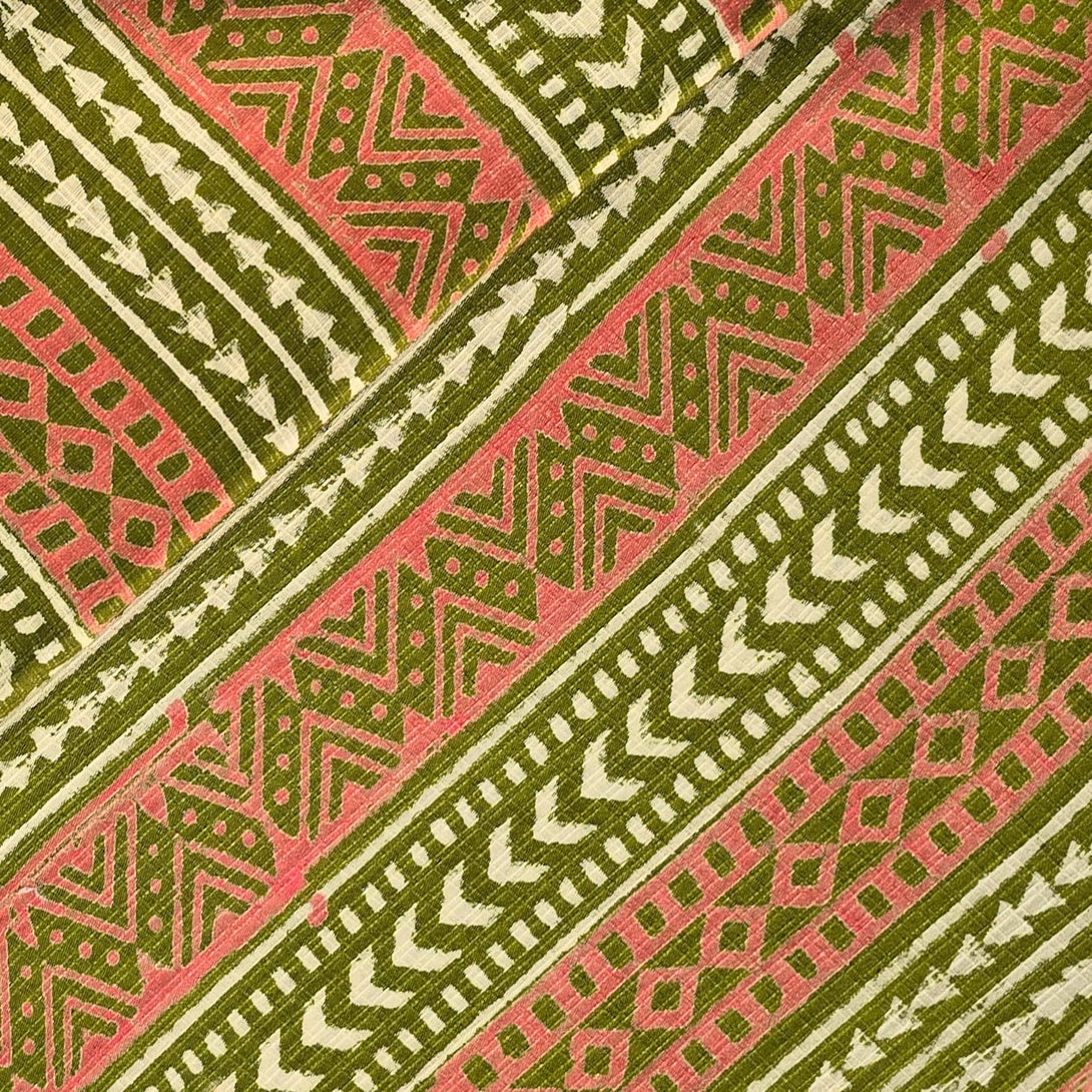 ( Pre-Cut 1.90 Meter )Pure Cotton Doby Dabu Mahindi Green With Pink Bo ...