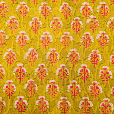 Pure Cotton Doby Dabu Mustard With Pink And Cream Flowers Motif Hand Block Print Fabric