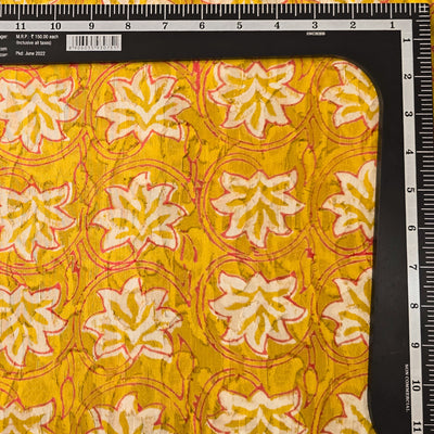 Pure Cotton Doby Dabu Mustard With Pink And White Flower Jaal Hand Block Print Fabric
