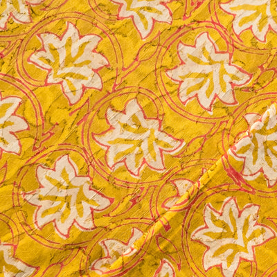 Pure Cotton Doby Dabu Mustard With Pink And White Flower Jaal Hand Block Print Fabric