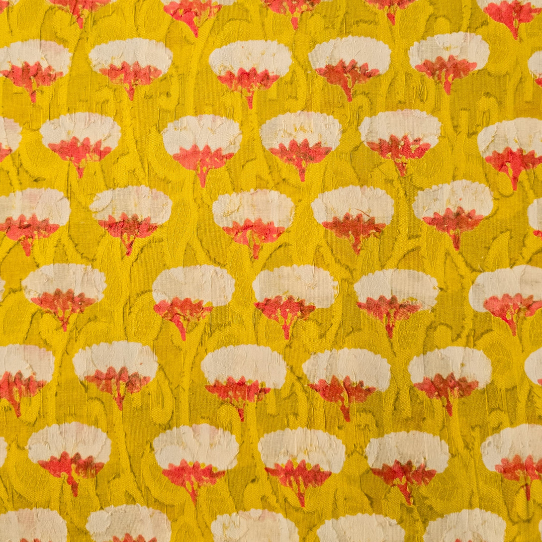 Pre Cut (1.70 Meter) Pure Cotton Doby Dabu Mustard With White And Pink ...