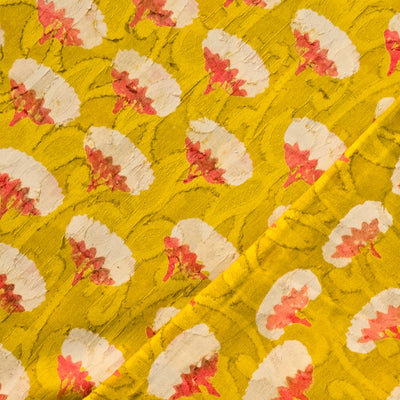 Pure Cotton Doby Dabu Mustard With White And Pink Flower Buds Hand Block Print Fabric