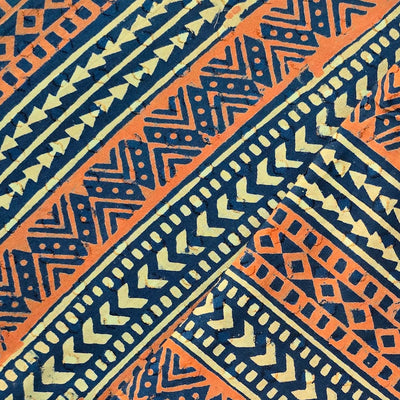 Pure Cotton Doby Dabu Orange With Blue Border Intricate Design Hand Block Print Fabric
