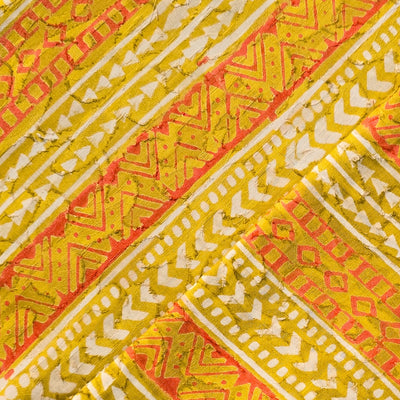 Pure Cotton Doby Dabu Orange With Mustard Border Intricate Design Hand Block Print Fabric