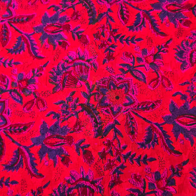 Pure Cotton Doby Dabu Pink With Blue Jungle Flower Jaal Hand Block Print Fabric