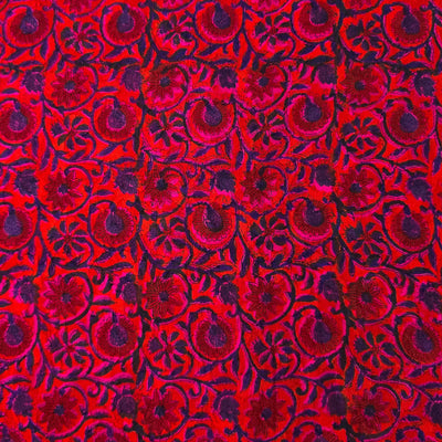 Pure Cotton Doby Dabu Pink With Red Flower  And Navy Blue Jaal Hand Block Print Fabric