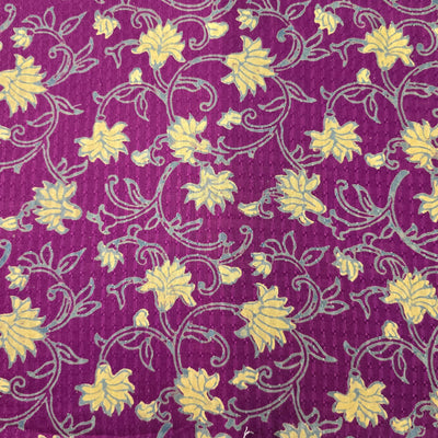 Pure Cotton Doby Dabu Purple With Cream Flower Jaal  Hand Block Print Fabric