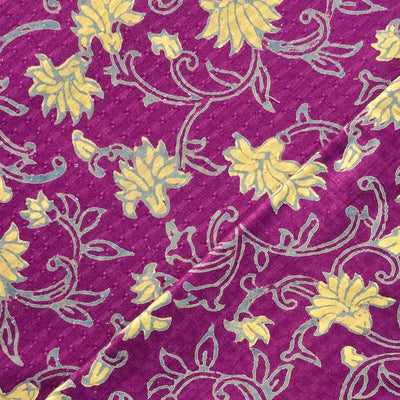 Pure Cotton Doby Dabu Purple With Cream Flower Jaal  Hand Block Print Fabric