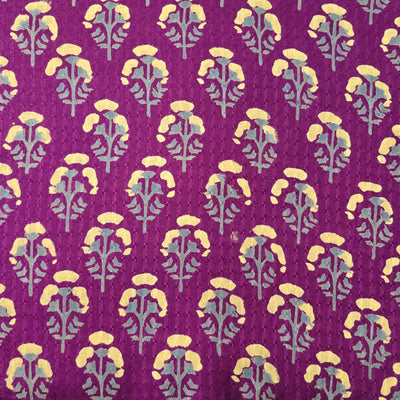 Pure Cotton Doby Dabu Purple With Cream Flowers Motif Hand Block Print Fabric