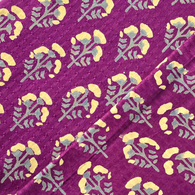 Pure Cotton Doby Dabu Purple With Cream Flowers Motif Hand Block Print Fabric