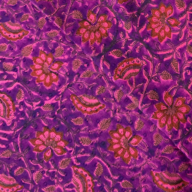 Pure Cotton Doby Dabu Purple With Pink , Red Flower Jaal Hand Block Print Fabric