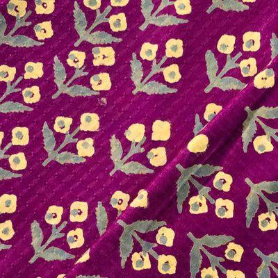 Pre Cut 1.6 m Pure Cotton Doby Dabu Purple With Yellow Flowers Motif Hand Block Print Fabric