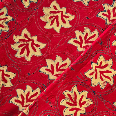Pure Cotton Doby Dabu Red  With Blue Cream Flowers Jaal Hand Block Print Fabric