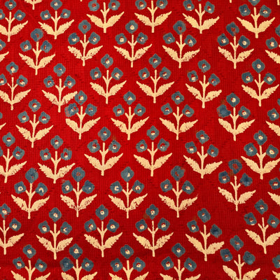 Pure Cotton  Doby Dabu Red With Blue Cream Plant Motif Hand Block Print Fabric